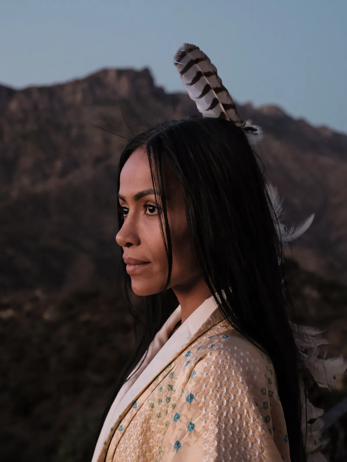 Tatiana in profile with a feather, mountains behind